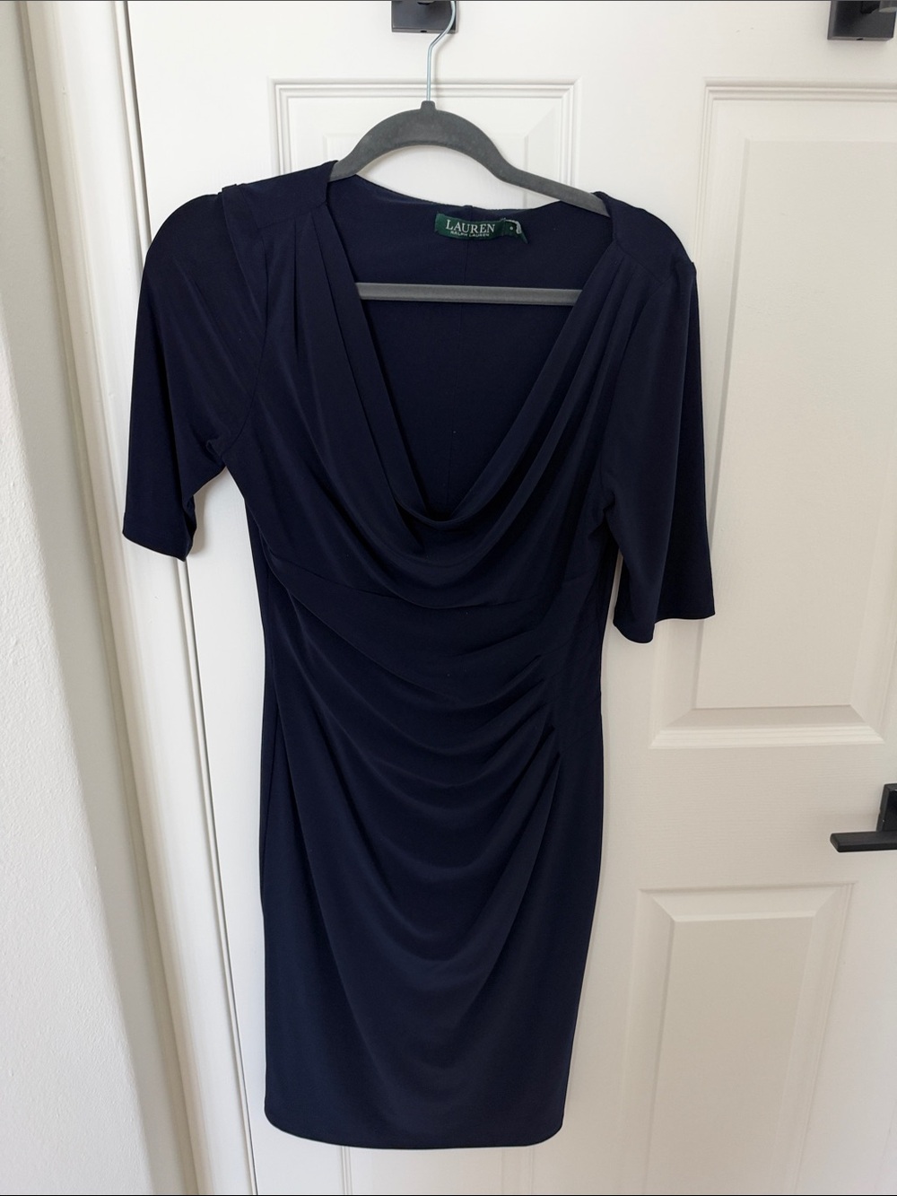 Lauren Ralph Lauren Navy Cowl Neck Ruched Midi Dress